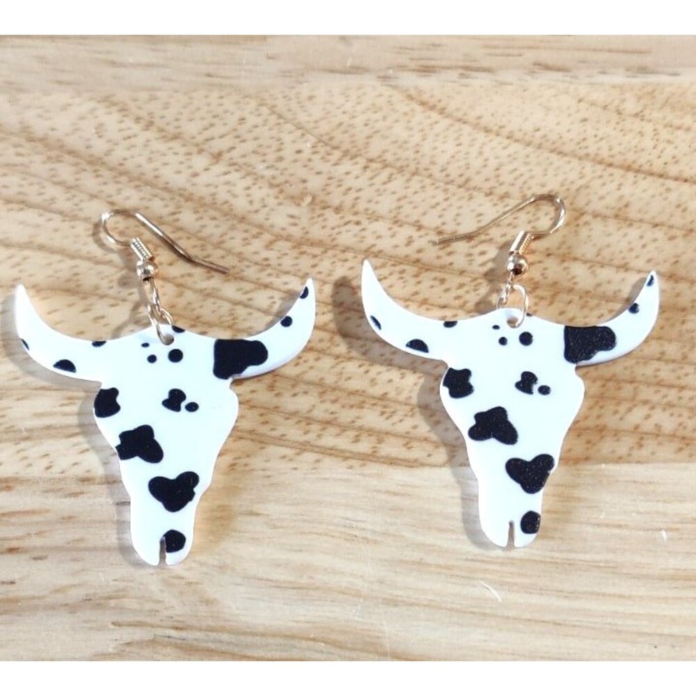 Vintage Cow Earrings Hook Drop Longhorn Steer Black White Western Farm Boho - Picture 2 of 4